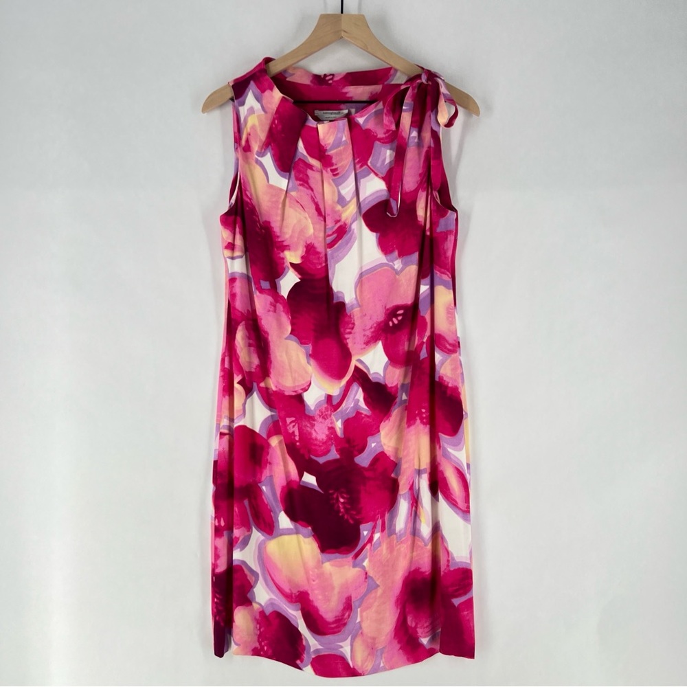 Biancoghiaccio Floral‎ Print Lightweight Flowy Pleated Tie Boatneck Shift Dress